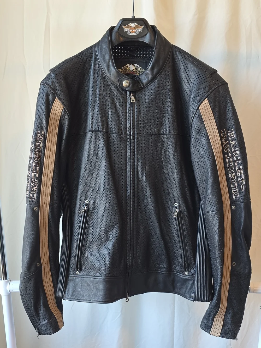 Harley-Davidson Brown Leather Bomber Jacket with Tan Stripes Xl Mens